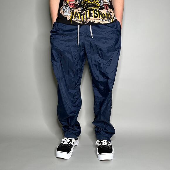 Vintage Y2K Nike Track Pants Mens XL Navy Blue Nylon Sweatpants White Swoosh - Picture 2 of 5